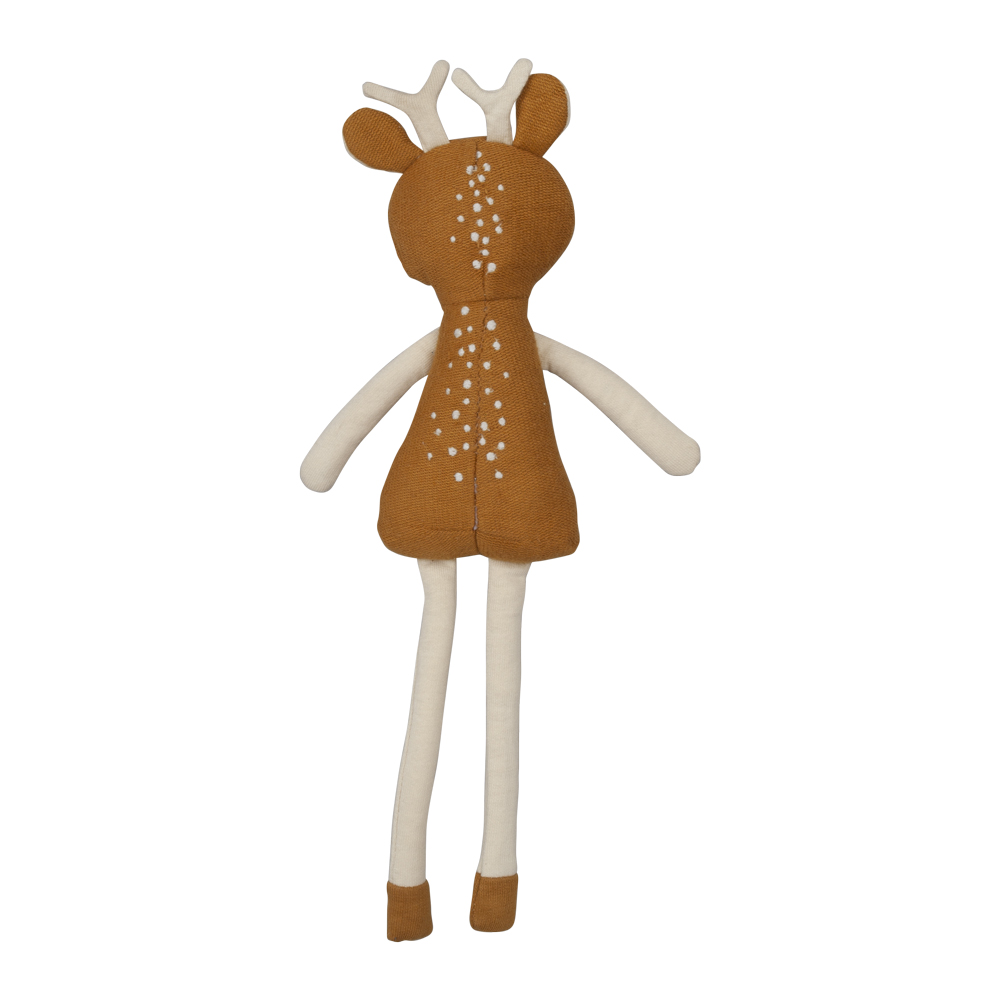 friend-fawn-3 Kuscheltier Rehkitz, braun-weiß, mit weißen Punkten, lange Arme und Beine, stilisierte Geweihformen.
