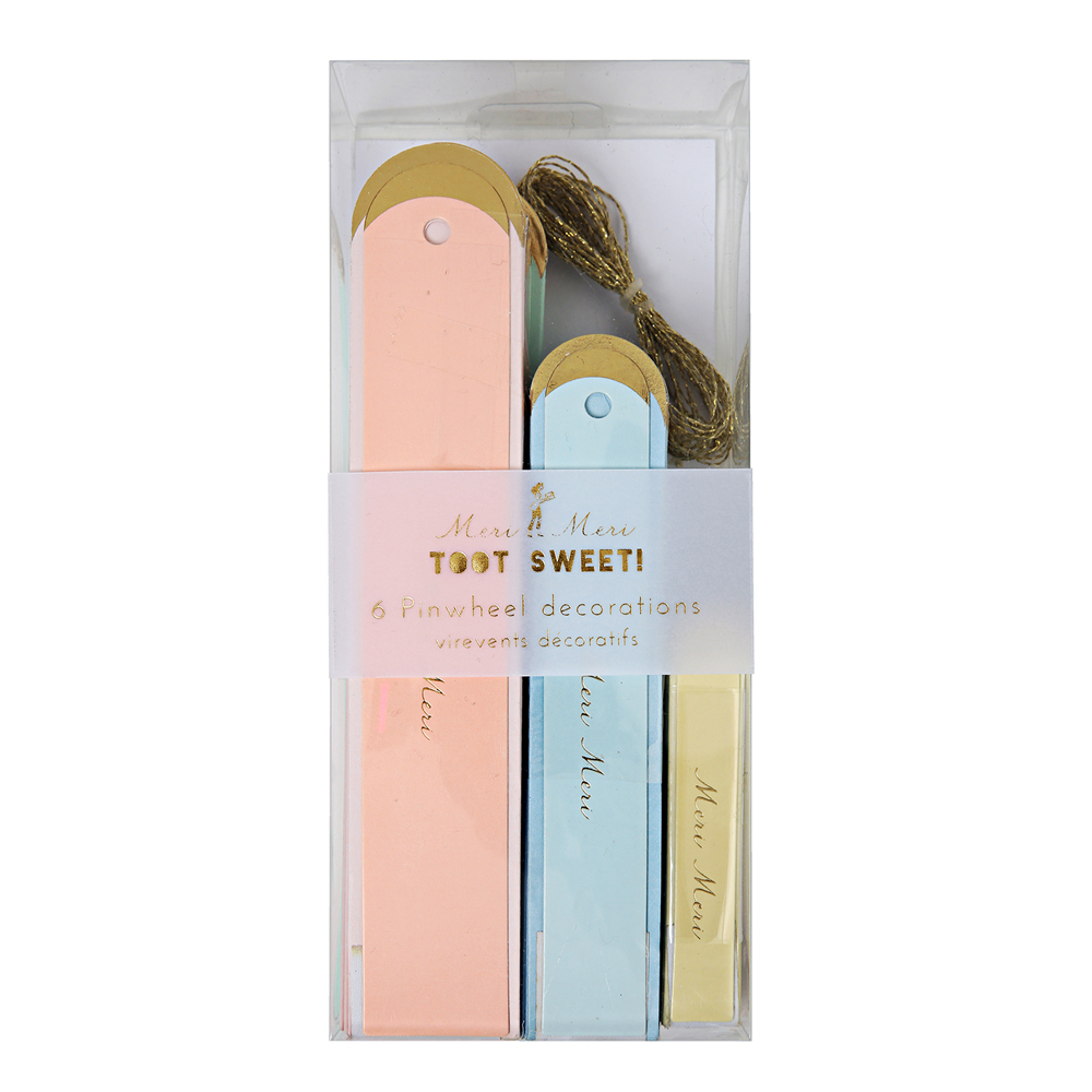 45-2083a Verpackung Meri Meri, Toot Sweet!, 6 Windmühlen-Dekorationen, Farben: Rosa, Blau, Gelb, goldener Faden, transparente Box.