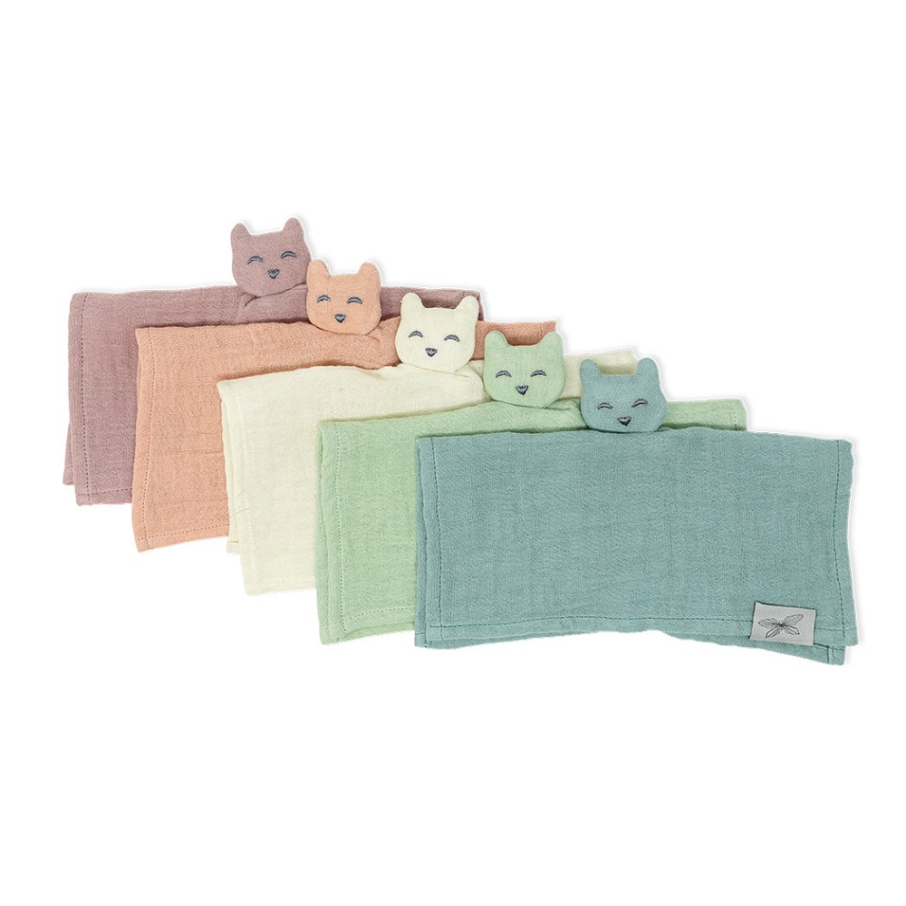84424_84425_84426_84427_84428_1_1024x1024-2x Baby-Schmusetücher, fünf Farben: Altrosa, Orange, Creme, Grün, Blaugrün; Tierköpfe an einer Ecke angenäht, lächelnde Gesichter; Material Textil.