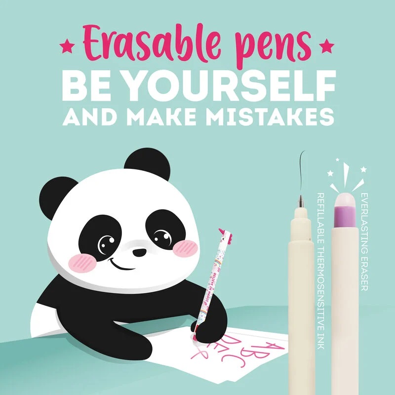 Panda-Illustration, löschbare Stifte, pastellfarben, Aufdruck "Be Yourself and Make Mistakes", nachfüllbare thermosensitive Tinte, langlebiger Radiergummi, mint Hintergrund.