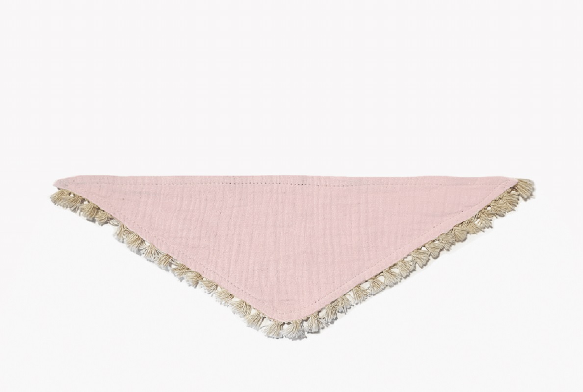 Tuch-rosa Dreieckiges Halstuch, rosa, beige Fransen, Baumwolle, Muschelstruktur.