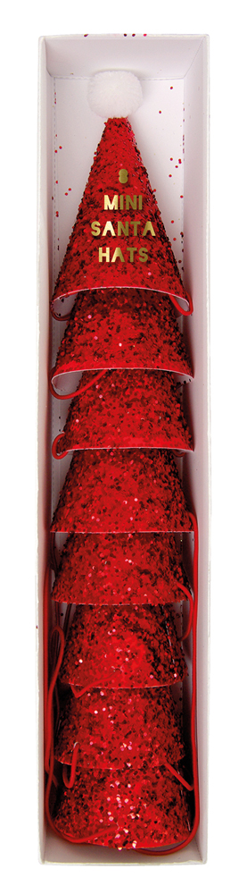 45-2015a Mini-Weihnachtsmützen, rot, glitzernd, sechsteilig, Aufdruck "Mini Santa Hats", in weißer Verpackung.