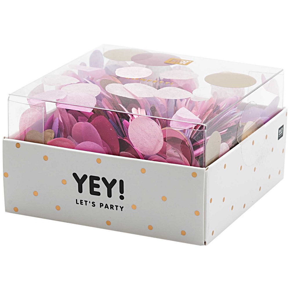 99001-63-88_2 Konfettibox, rosa und pink, runde Papierschnipsel, transparenter Deckel, weiße Schachtel mit goldenen Punkten, Aufdruck "YEY! LET'S PARTY".