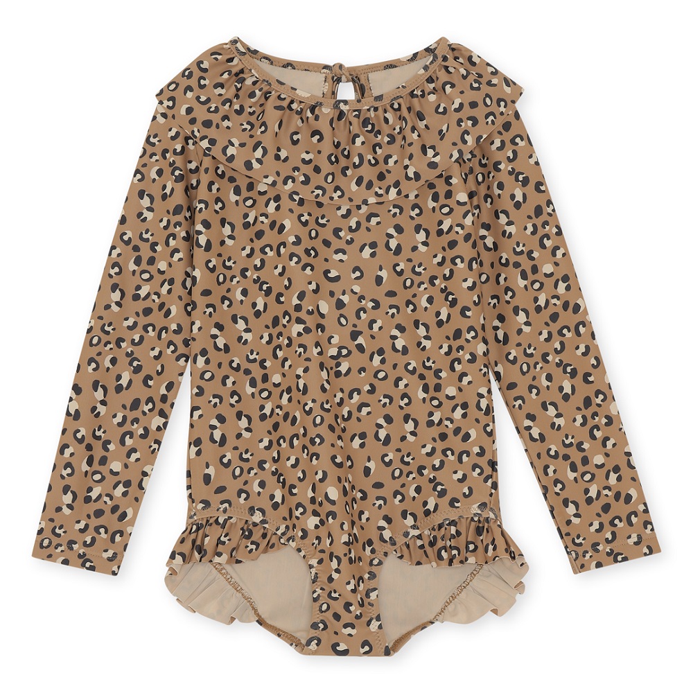 Langarm-Body, beige, Leopardenmuster, Rüschenkragen, Rüschensaum am Beinabschluss, Schleifenverschluss hinten.