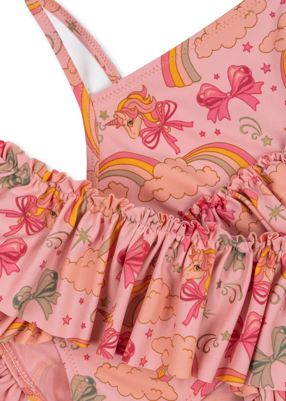 Kinderbadeanzug; rosa; Einhorn-, Regenbogen-, Schleifen- und Wolkenaufdruck; Rüschen; Spaghettiträger.