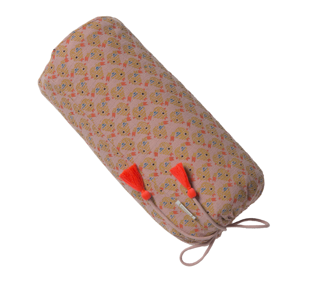 OISO-01 Bolster-Kissen, rosa, Fischmuster, orange Quasten, Kordelzug.