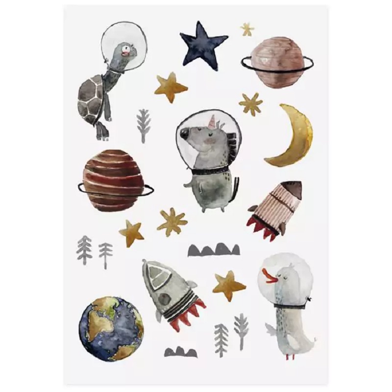 Tattoo_Space_Sheet_RGB_16126746-0363-45ce-8160-233ef9c1fb16 Sticker-Set, Weltraum-Motive, Tierastronauten: Schildkröte, Hund, Ente; Planeten, Sterne, Raketen, Mond, Erdfarben, Aquarell-Stil
