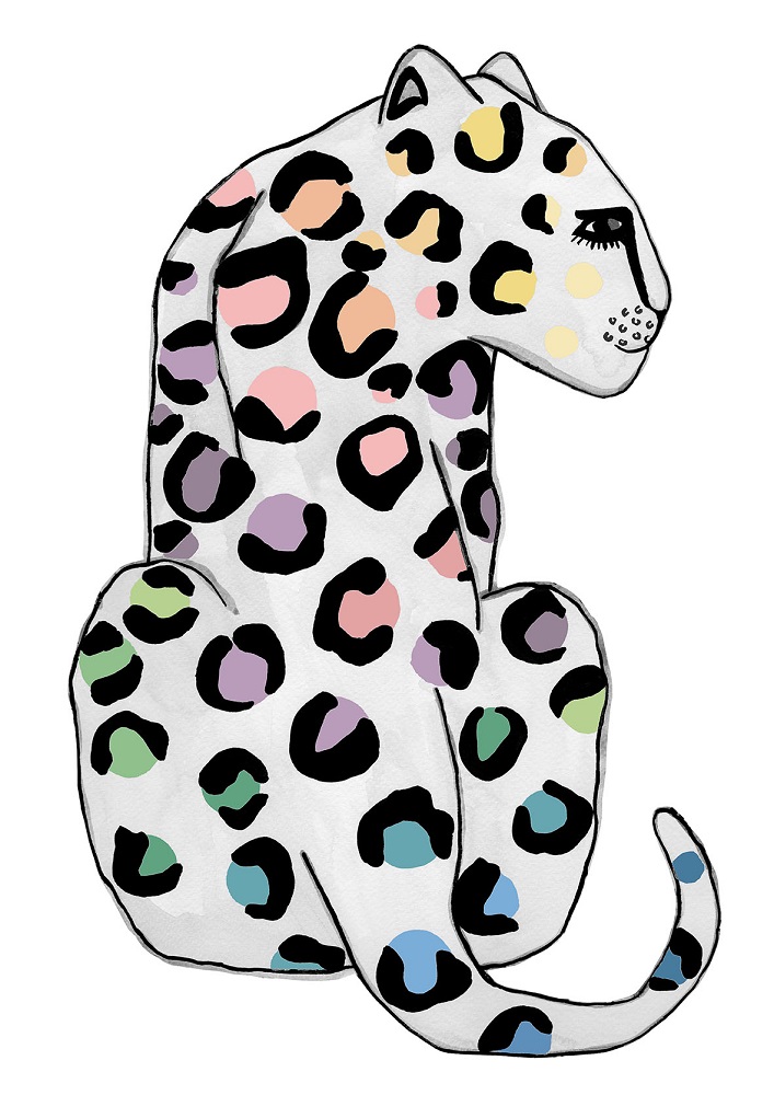 rainbowleplowres Illustration Leopard, weißer Hintergrund, bunte Tupfen; schwarz, rosa, gelb, grün, lila, blau; geschwungene Silhouette, stilisierte Augen, schwarze Konturen.