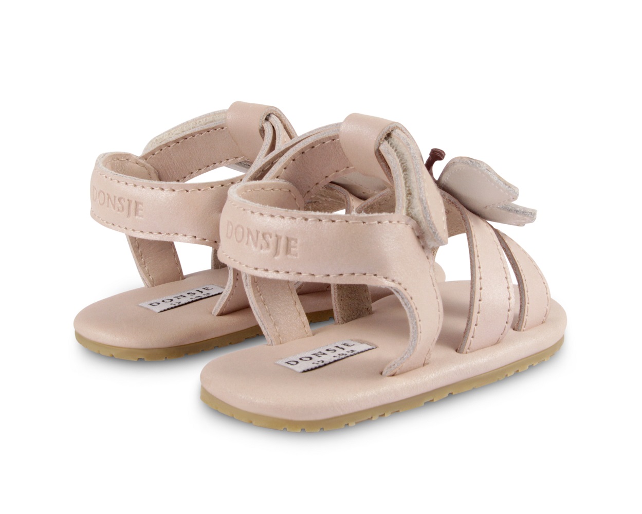 Tuti-Sky-Butterfly-Back Kleinkind-Sandalen, rosa Leder, Markenaufdruck "Donsje", Knöchelriemen, Schleifendetail hinten, helle Laufsohle.
