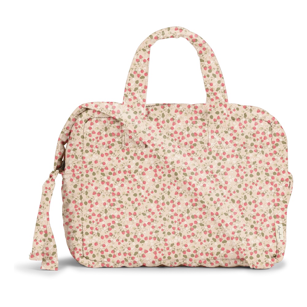 KS3879-DOLL-BAG-STRAWBERRY-FIELDS-Extra-0 Beigefarbene Tasche, Blumenmuster in Rosa, Grün und Weiß, Doppelgriff, Reißverschluss, rechteckige Form.