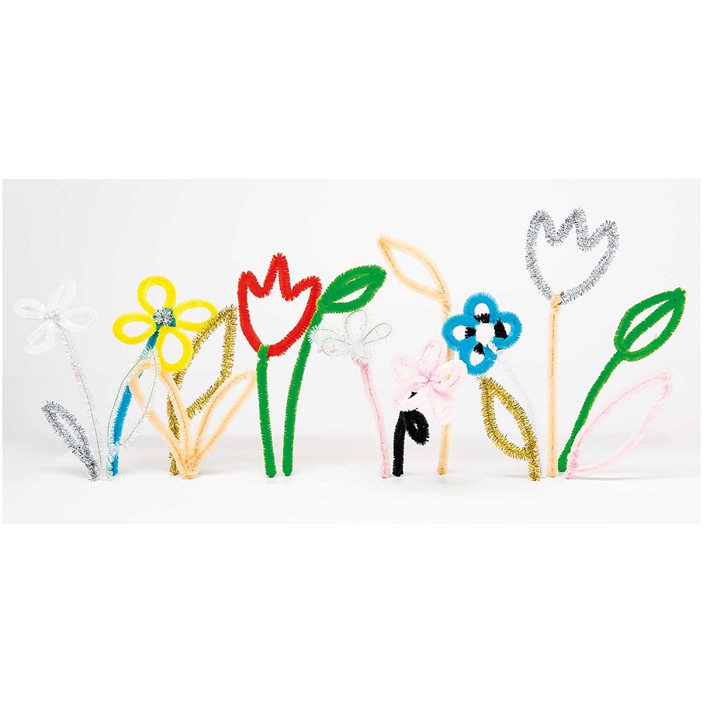 vgk100022020_aw_1 Bastelblumen aus bunten Pfeifenreinigern, Farben: Weiß, Gelb, Rot, Grün, Blau, Schwarz; Formen: Blüten und Blätter; Vielfalt an Blumenformen; handgefertigt; dekorativ.
