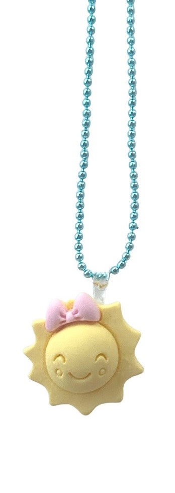 Sonne Kette mit sunförmigem Anhänger; gelb; rosa Schleife; lächelndes Gesicht; blaue Kugelkette