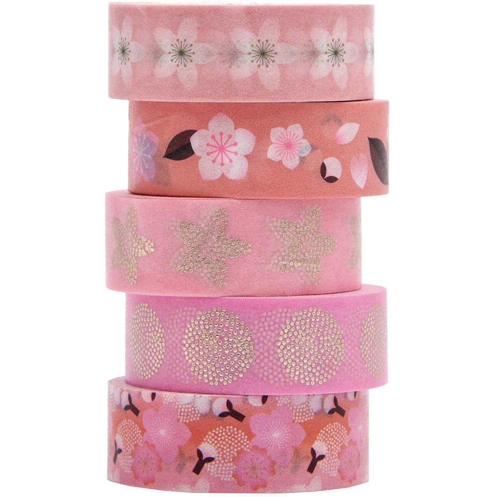 300267_1 Washi Tape Set, Rosa Töne, Fünf Rollen, Florale Muster, Kirschblüten-Design.
