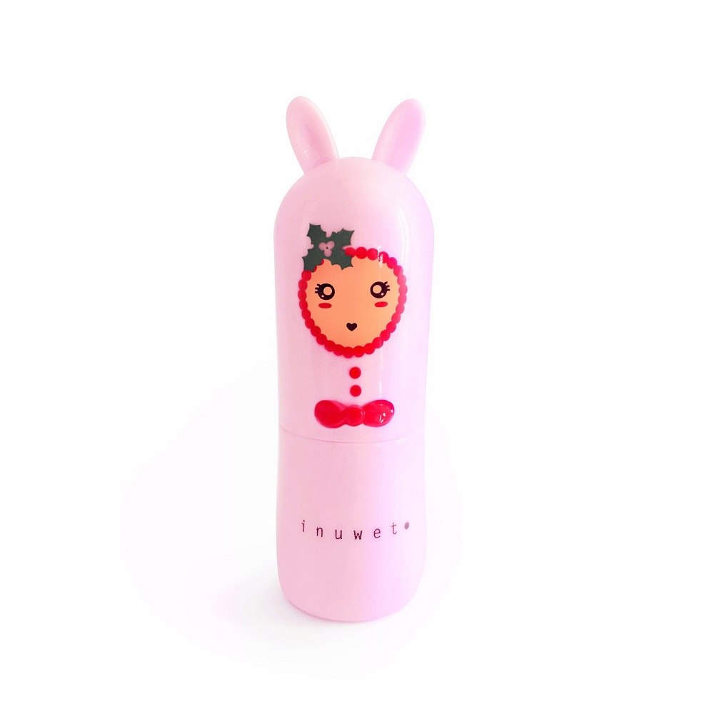 Lippenbalsam, rosa Verpackung, Hasenohren, Gesicht mit rotem Rand und Weihnachtsmotiven, Markenname unten.