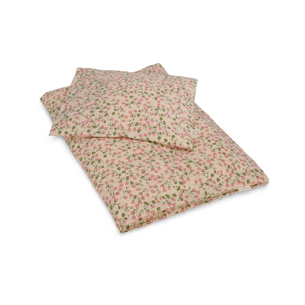 KS3402-ADULT-BEDDING-GOTS-STRAWBERRY-FIELDS-Extra-0 Bettwäsche-Set, Blumenmuster, rosa und grün auf beigem Hintergrund, Kissenbezug und Deckenbezug.