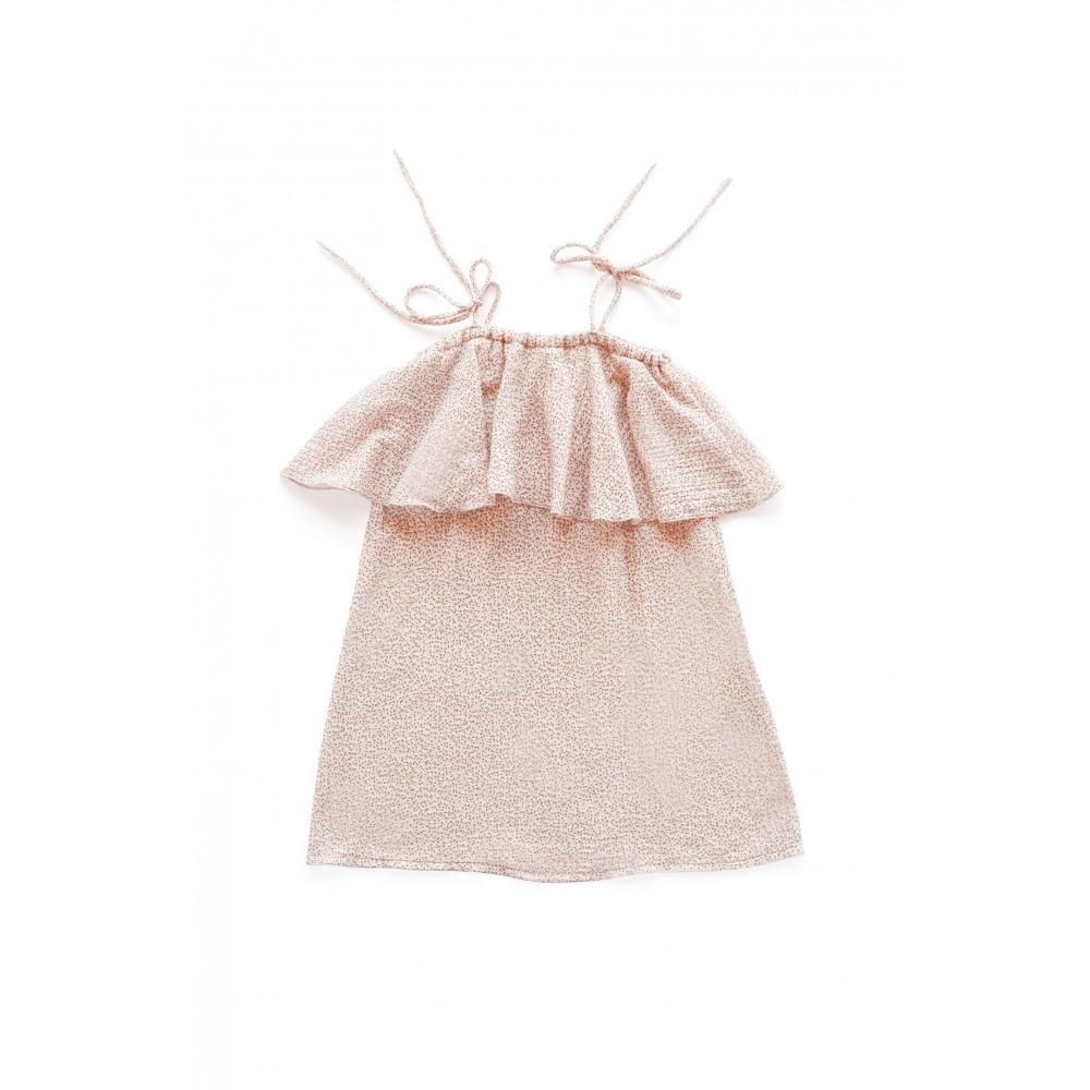 247138_large_fprQQbPNqW83VuF5KQay Kinderkleid; beige; Spaghettiträger; Rüschenoberteil; lockerer Schnitt.