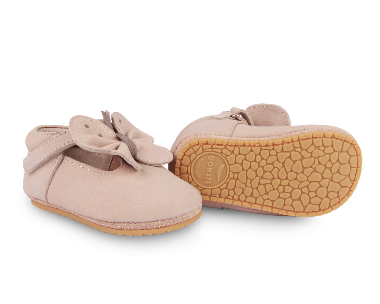 1011000_NL128_6 Babyschuhe, weiches Rosa, Schleifendetail, rutschfeste Sohle, geriffelt, Verschluss mit Klett.