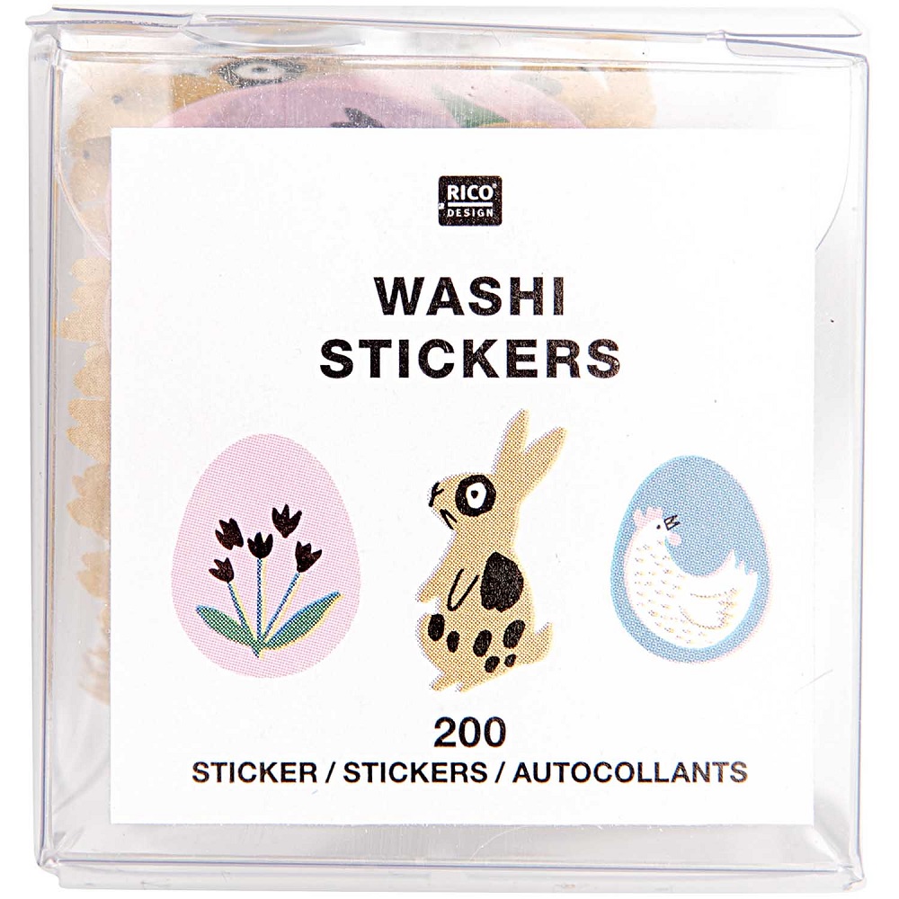 99001-8066_2rzOVps97vlCVx Washi-Sticker-Set, transparentes Etui, 200 Stück; Design: pinkes Ei mit Blumen, gelber Hase mit schwarzen Flecken, blaues Ei mit Huhn; Text: "Washi Stickers" in Schwarz, "Rico Design" Logo oben.