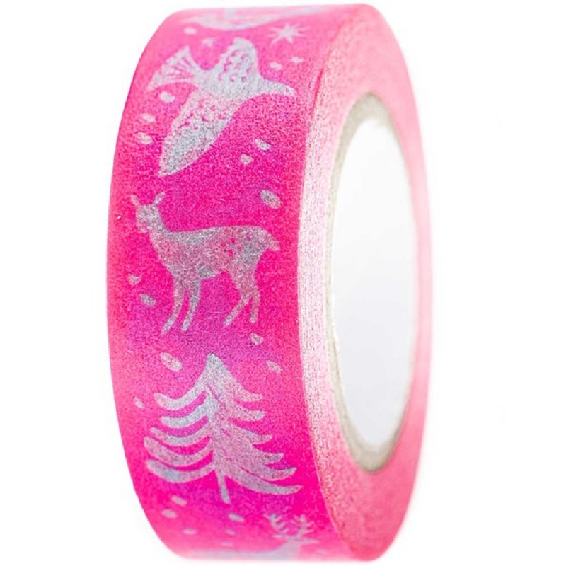 99001-80-06_1_600x600 Washi Tape, pink, silberne Motive, Vogel, Hirsch, Tannenbaum.