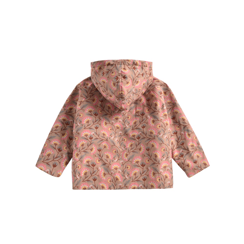 Girls-Raincoat-Mara-KhakiFolkFlowers-3 Kinderjacke, rosa, blumiges Muster, Kapuze.