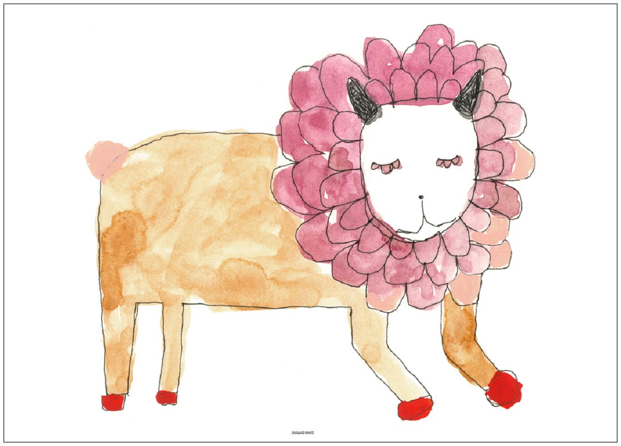 Bison-Flower Aquarellzeichnung, Schaf mit rosa Löwenmähne, rote Hufe, geschlossene Augen, helle Fellfarbe.