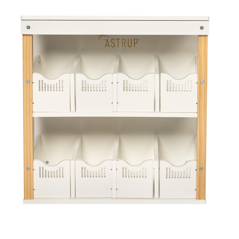 84360_1_1024x1024-2x Regal aus Holz und weißem Kunststoff, zwei Ebenen, Aufdruck "Astrup", sechs herausnehmbare weiße Boxen mit seitlichen Grifföffnungen.