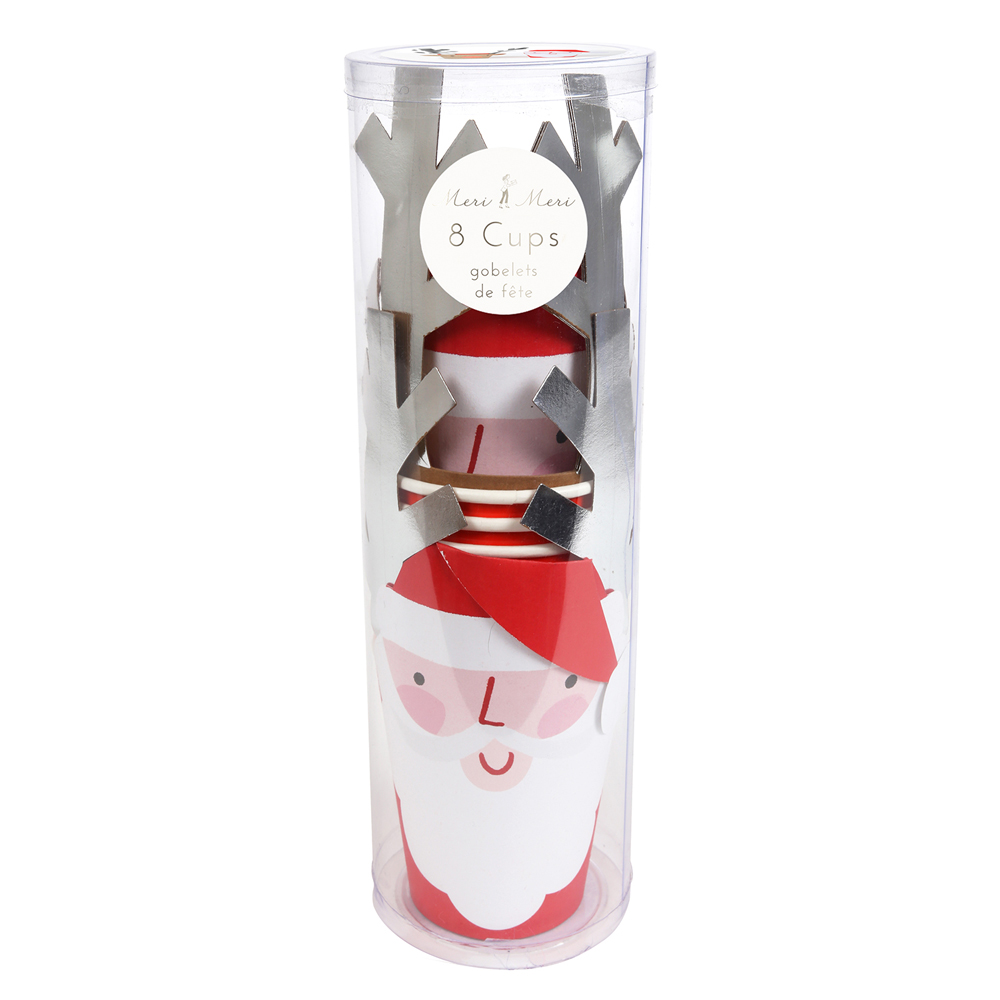 45-2370a Pappbecher-Set, 8 Stück, Design: Weihnachtsmann, Farben: Rot, Weiß, Silber; verpackt in transparenter Röhre mit silbernen Details.