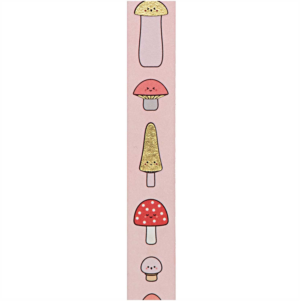 99001-53-04_3 Washi-Tape rosa, Pilz-Muster, goldene Akzente, verschiedene Pilzformen mit Gesicht.