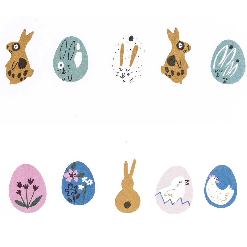 99001-80-66_5 Sticker, Hasen und Ostereier-Motive, verschiedene Farben: Braun, Grün, Weiß, Blau, Rosa; Aufdrucke von Blumen, Küken, Hase, Huhn; dekorativ, fröhliches Design
