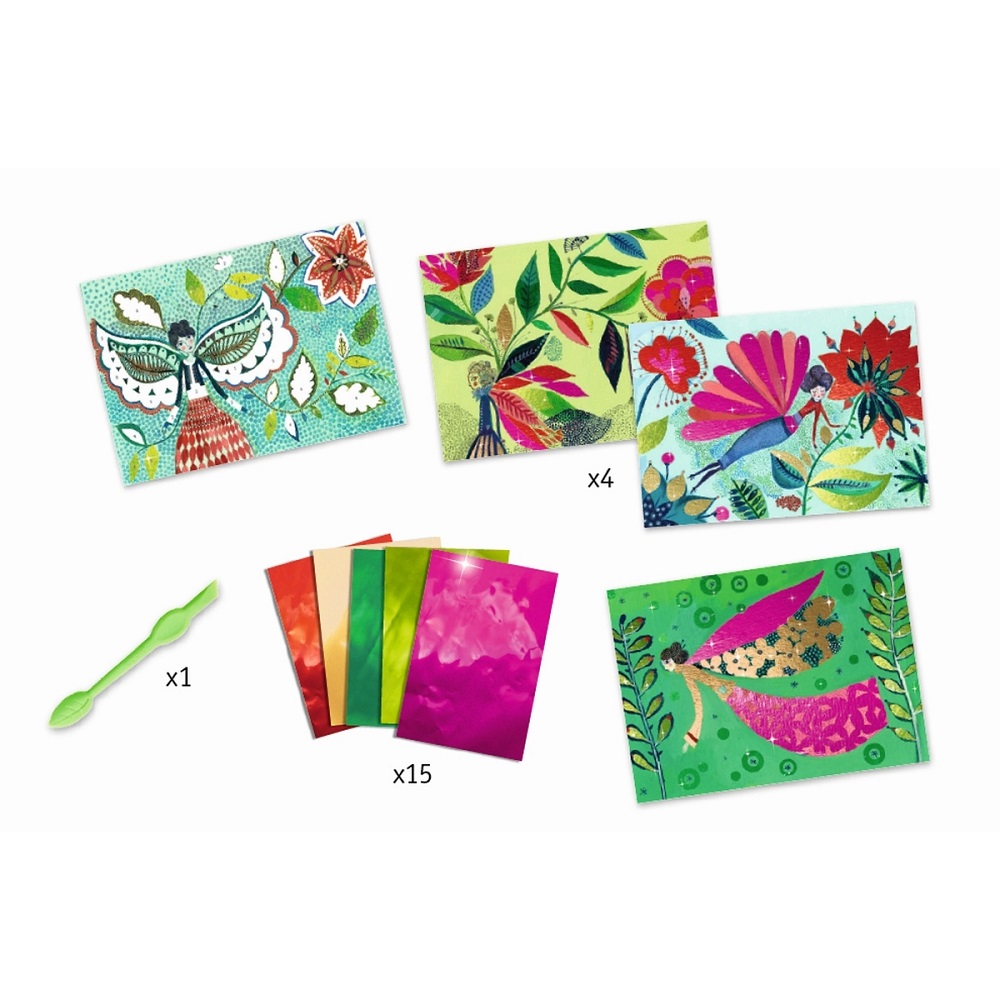 DJ09514-Metallbild-Gluehwuermchen-2 Bastelset, 4 Karten mit floralen Mustern, farbiges Papier in Rot, Gold, Grün, Pink, Kunststoffwerkzeug in Hellgrün, bunte Tier- und Pflanzenmotive.