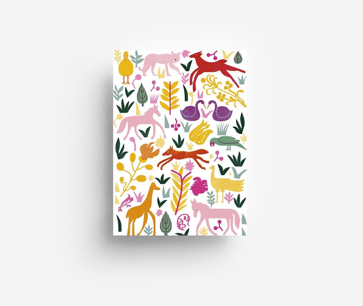PostcardFolk_1024x1024-2x Kunstdruck, diverse Tiere und Pflanzen, bunte Farben, stilisierte Illustrationen, weiße Hintergrund.