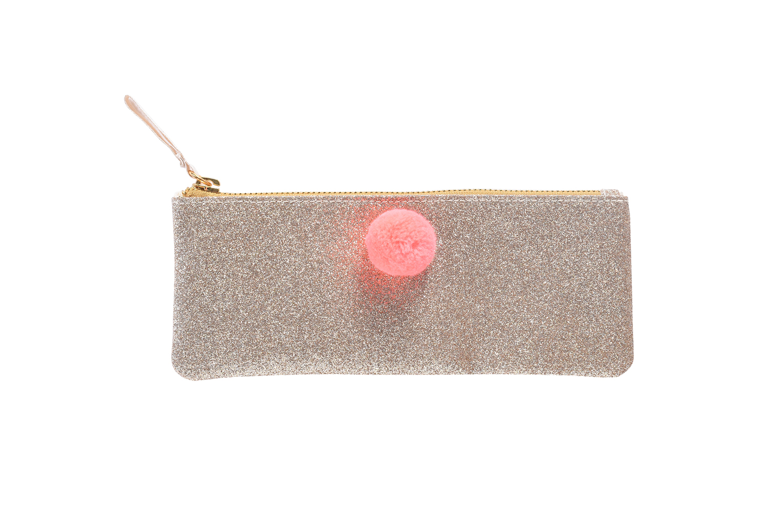 OUSTINA_1 Glitzerndes Etui, goldfarben, rosafarbener Pompon, Reißverschluss, Trageschlaufe.