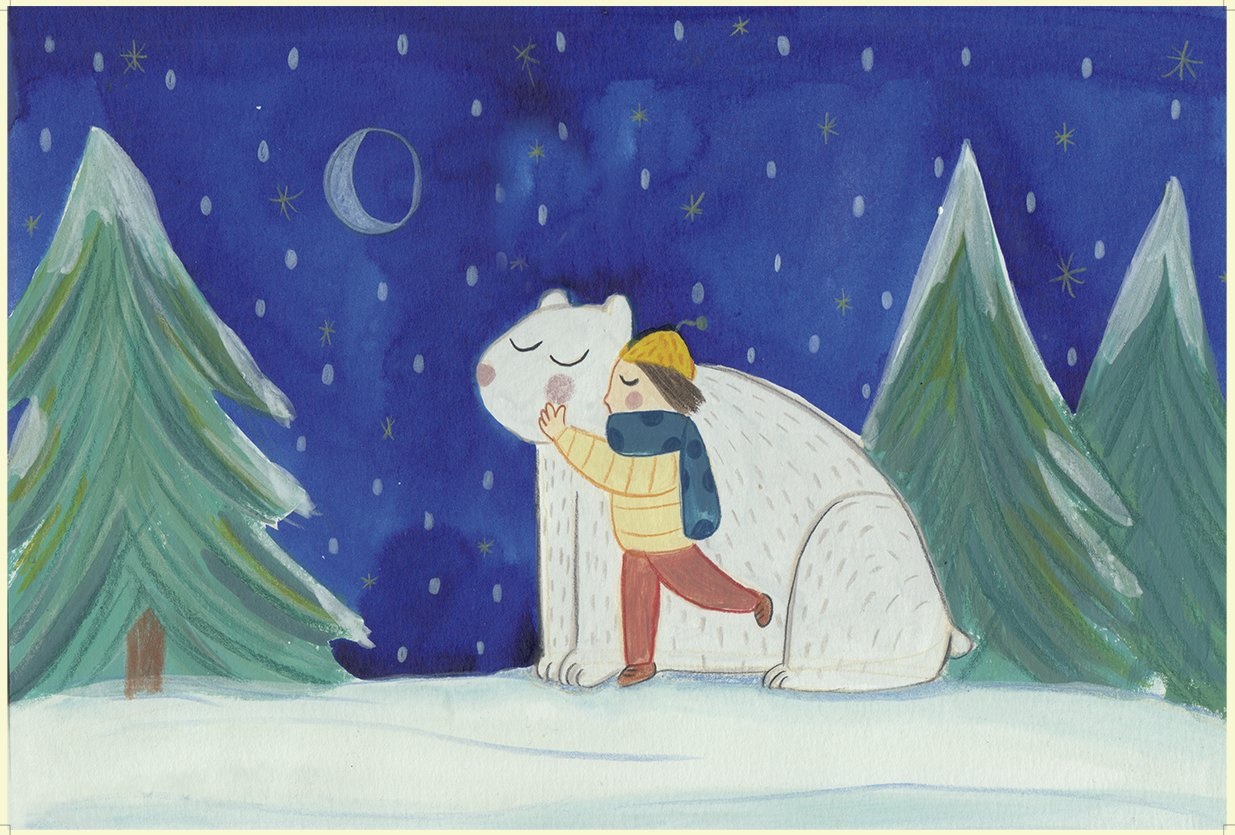 05_OSO Illustration, Kind in gelber Jacke und Mütze, blauer Schal, roter Hose, umarmt weißen Eisbären; Hintergrund: schneebedeckte Tannen, Nachthimmel mit Mond und Sternen.