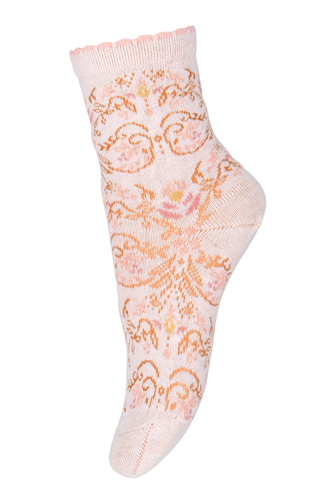 Socke, rosa, verspieltes Blumenmuster, Wellenkante oben, Kniehöhe.
