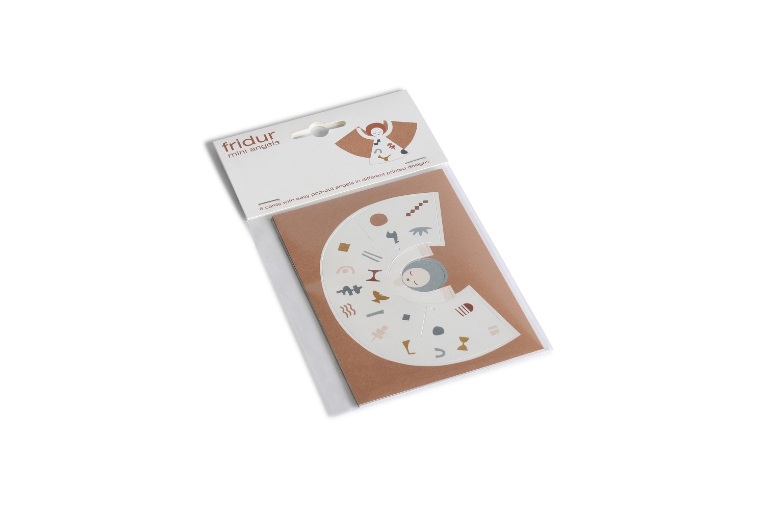 fridur-new-39 Verpackung, Karte in Braun und Weiß, Aufdruck: geometrische Formen, abstrakte Figuren, Produktname: fridur mini angels, Pop-out-Karten, leicht herausdrückbar, Engel-Motive.