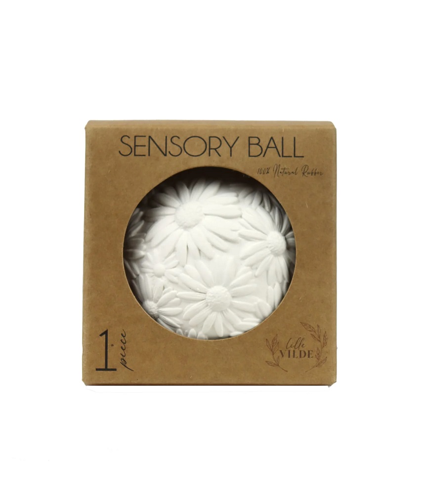 ztjr7exjxkypm2fvhg5z_1024x1024-2x Weiße Sensory-Kugel, Blumenmuster, 100% Naturkautschuk, braune Verpackung, runde Sichtöffnung.