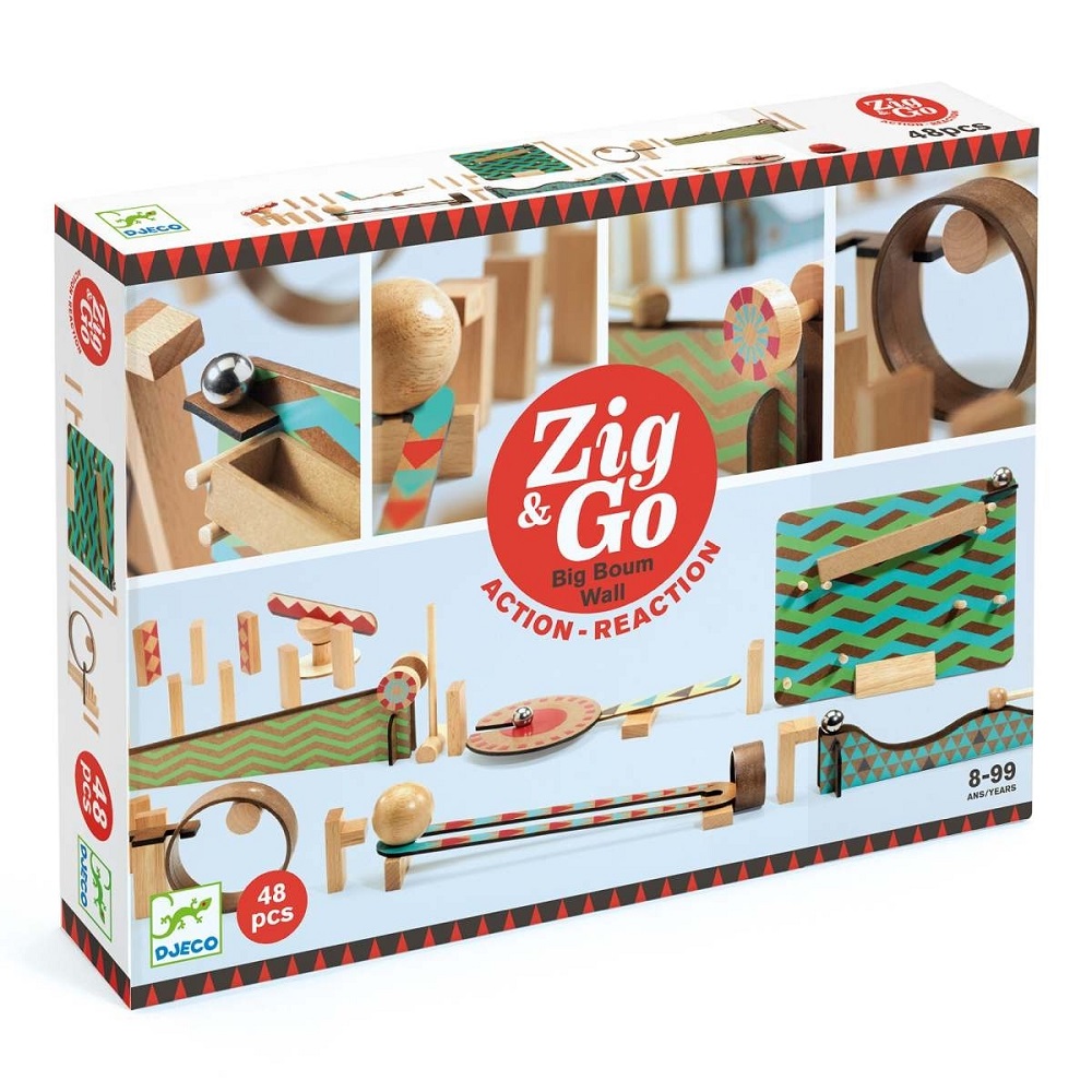 DJ05644-Zig-Go-5644-48-Teile-5 Baukastenset, Holzteile, bunte Muster, Beschriftung "Zig & Go", 48 Teile, altersgerechter Hinweis 8-99 Jahre, runde und eckige Elemente, Kugelbahnen, Action-Reaction-Konzept, Marke Djeco.