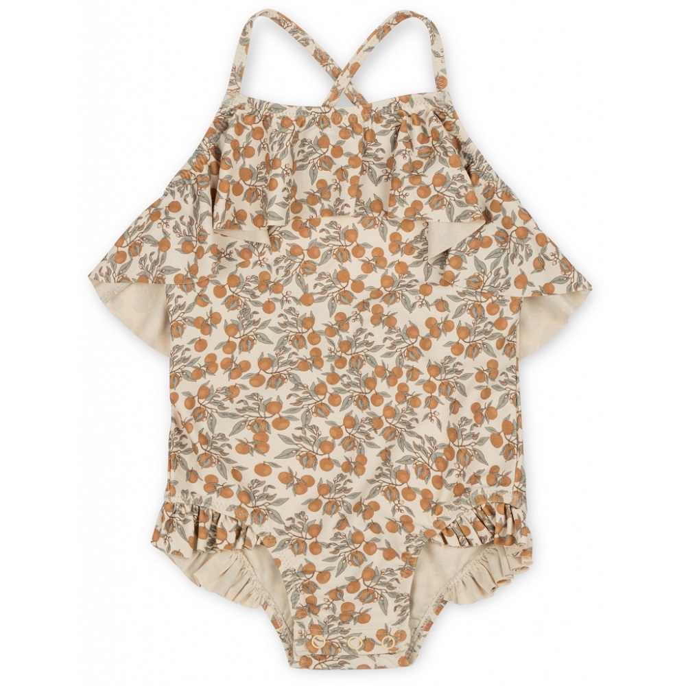 1024x1024-ab249dd0028dafbda746691e455ec690 Baby-Badeanzug, cremefarben, orange Früchte-Muster, Rüschen an Armen und Beinen, gekreuzte Träger.