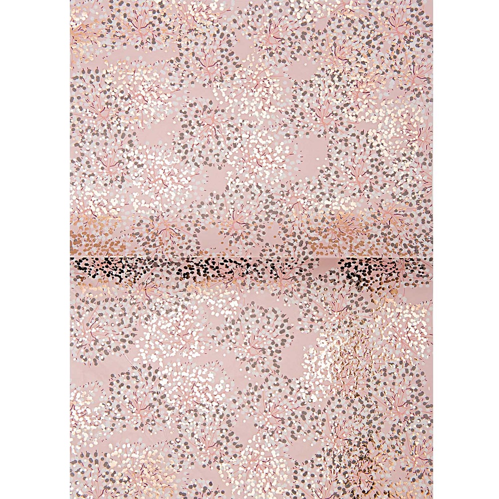 7009-172_1 Tapete, rosa Hintergrund, florales Muster, Punkte und Blätter, Farbtöne in Weiß, Schwarz, Gold, Rosa.