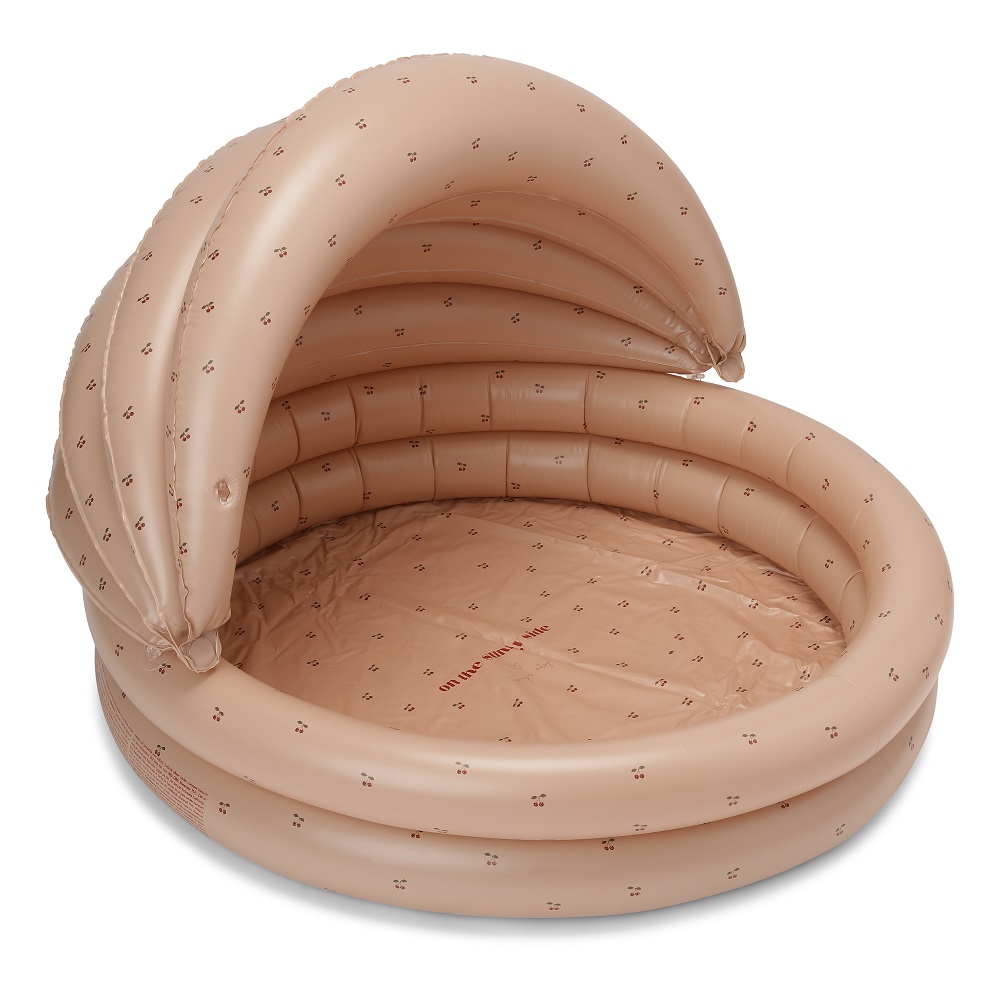 KS3055-POOL-WITH-CANOPY-CHERRY-Extra-0 Aufblasbares Kinderplanschbecken, beige, abnehmbares Dach, dezent gemustert, runde Form, eingedruckte Aufschrift auf Boden.