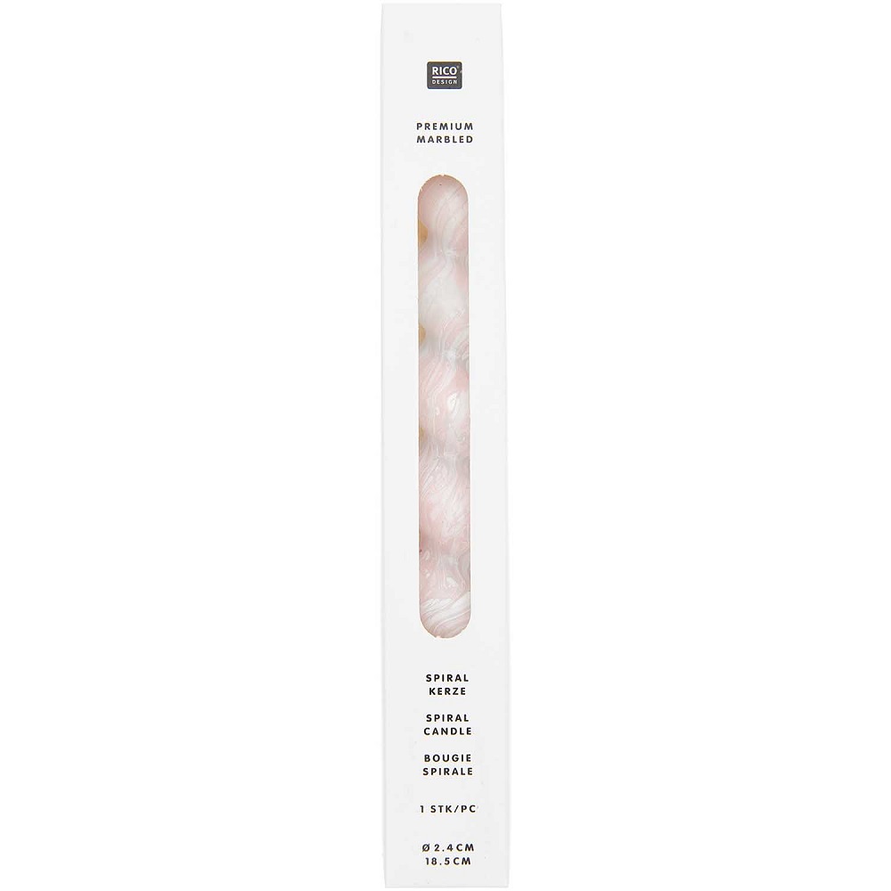 400222_2 Spiral-Kerze, marmoriert, rosa, verpackt in weißer Kartonhülle, Sichtfenster, Produktdetails auf Verpackung.