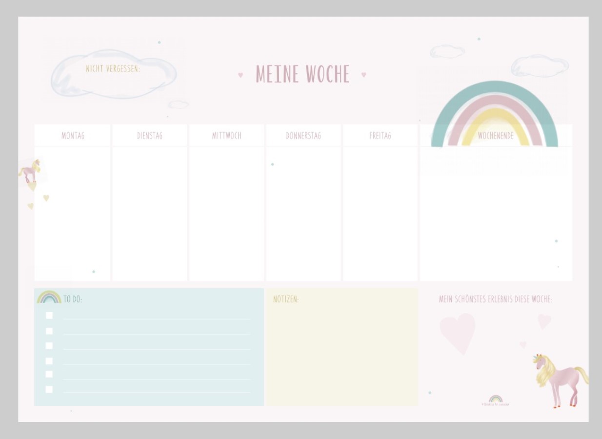 Wochenplaner Wochenplaner, rosa Hintergrund, Wochentage, Regenbogen, Einhorn-Illustrationen, Felder für To-Do-Listen, Notizen, Erinnerung, schönstes Erlebnis, zarte Farben, kindliches Design.