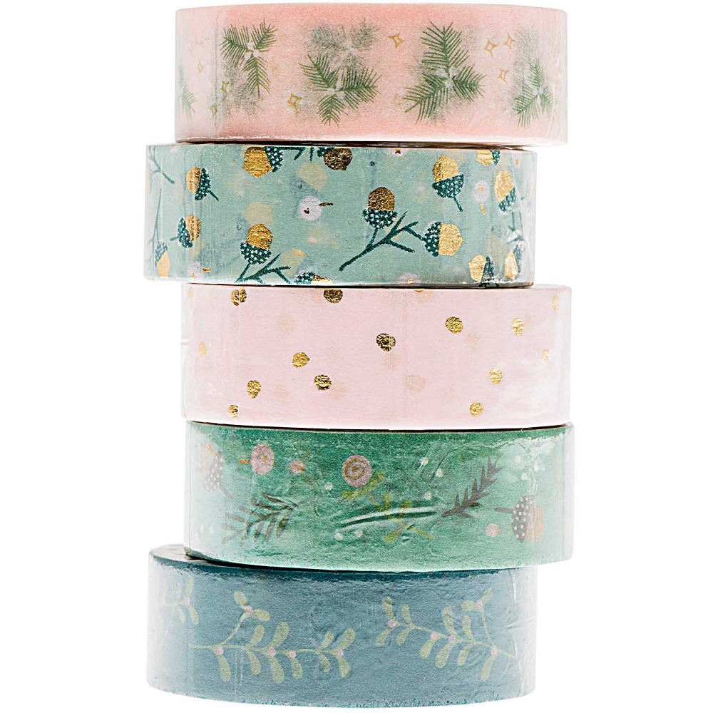 99001-65-71_1 Fünf Rollen Washi-Tape, Designs: Rosa mit Tannenzweigen, Türkis mit Blumen und Goldornamenten, Rosa mit Goldpunkten, Grün mit floralen Mustern, Blaugrün mit Zweigen.