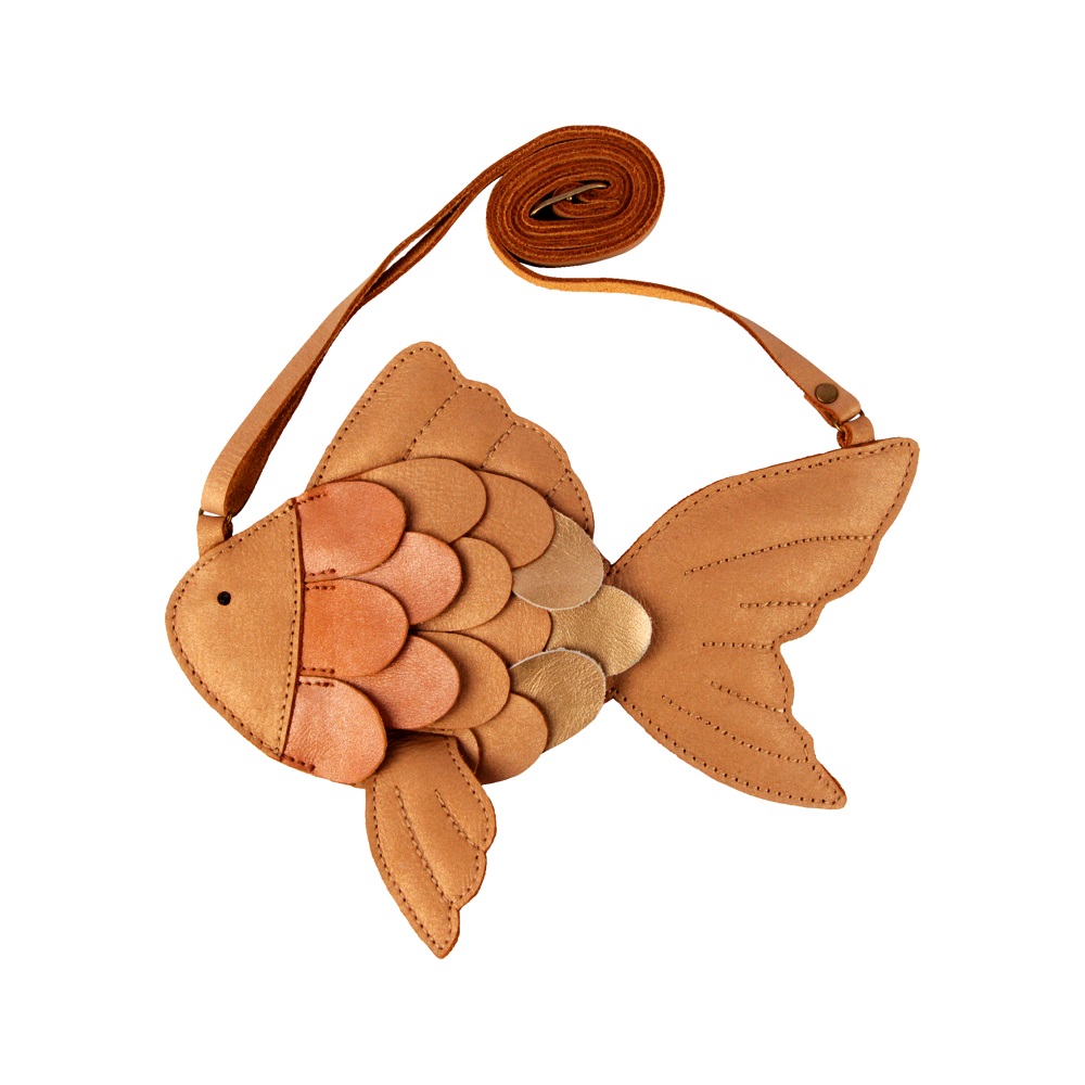5015905_NL138_1 Fischförmige Schultertasche, Leder, Farbverlauf in Braun und Kupfer, Schuppenstruktur, abnehmbarer Riemen.