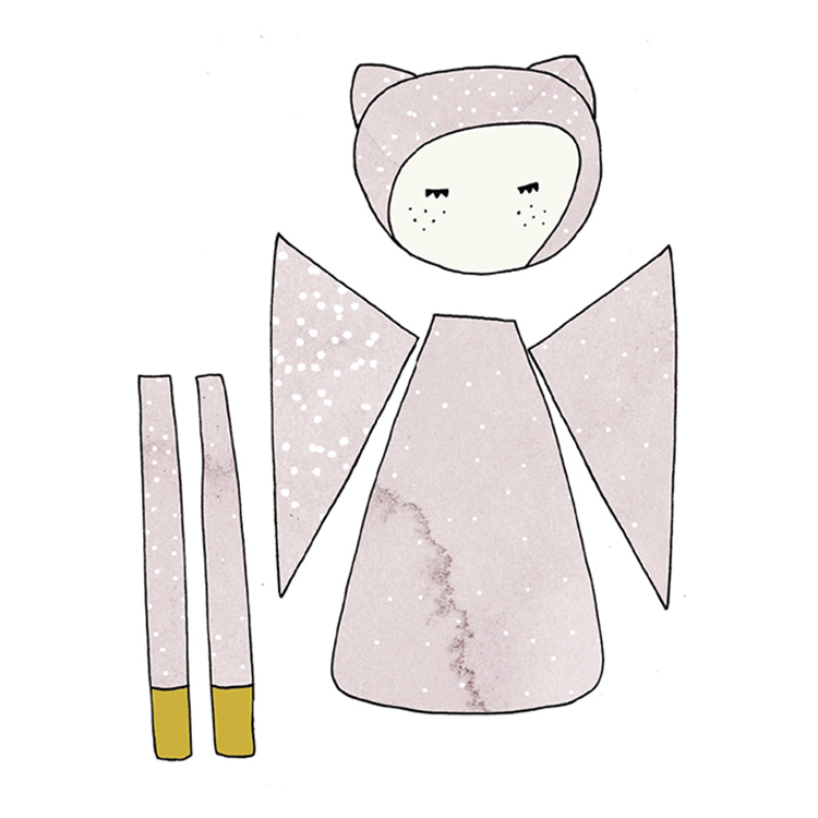 wallsticker_kids_fabelab_fabelab_fairy_raw Kinder-Kostümset, blassrosa, mit Ohrenkapuze und Flügeln, zwei gerade Zubehörteile mit goldenen Enden, stilisierte Gesichtszeichnung.