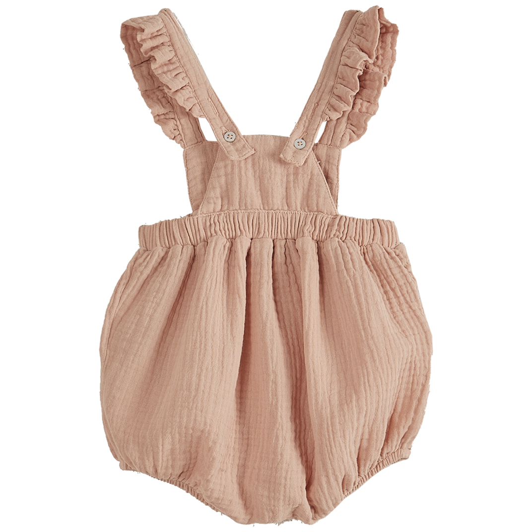 U017-bebe-fille-combinaison-gaze-coton-volant-rose-pivoine-emile-et-ida-dos Baby-Strampler, rosa, Rüschen-Träger, Stoffknöpfe, elastischer Taillenbund, lockere Passform.