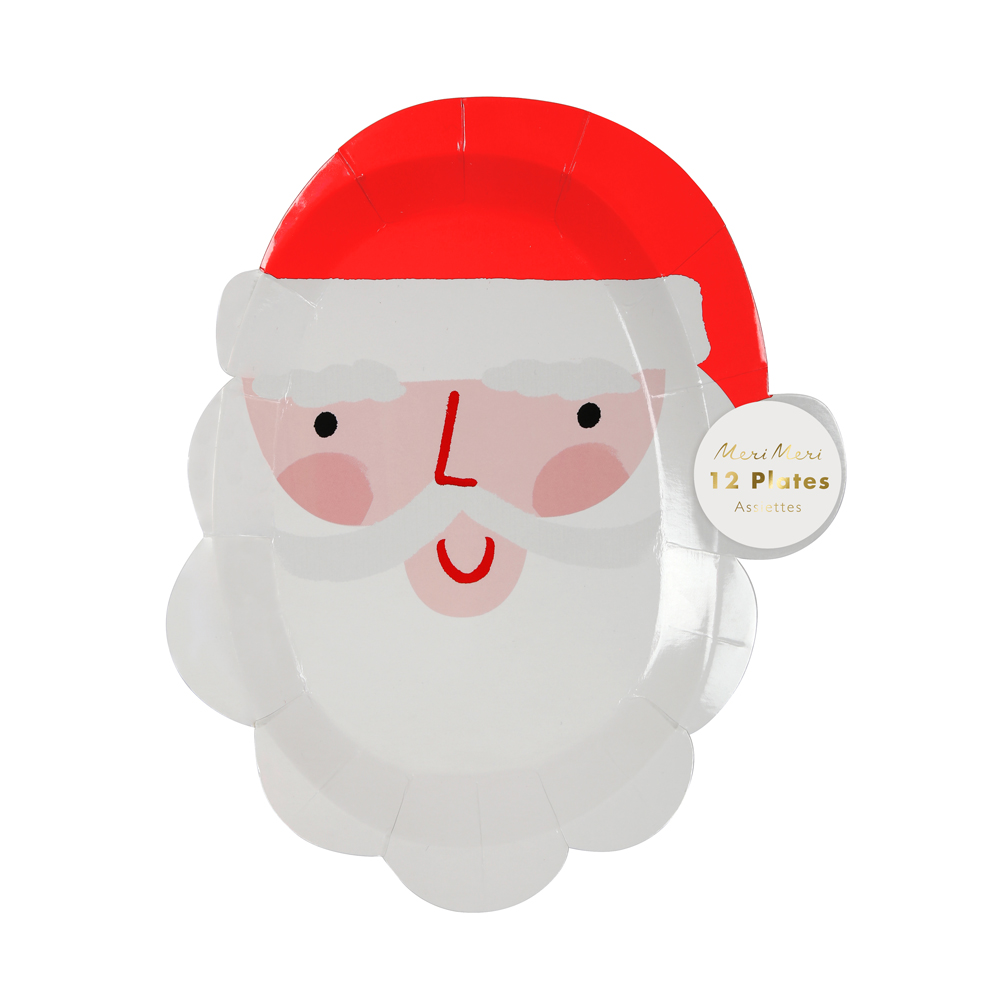 45-2930a Papier-Teller Set, Motiv Weihnachtsmann-Gesicht, rot-weiß, Set bestehend aus 12 Tellern, Meri Meri.