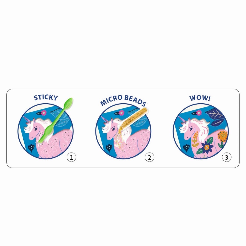 DJ09475-Artistic-Beads-Blumenpracht-4 Einhorn-Motiv, blau-rosa, Anleitung in drei Schritten, 1: grüner Stift/sticky, 2: goldene Mikroperlen, 3: fertiges Einhorn mit Blumen dekoriert, Text "Sticky", "Micro Beads", "Wow!".