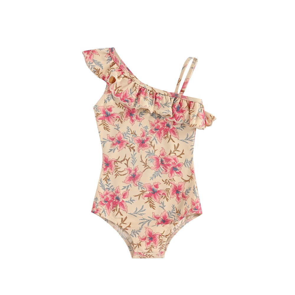 GSC-S22-B0650_RASPBERRY_6 Einteiliger Badeanzug, ein Schulterriemen, Rüschen, beige mit rosa Blumenmuster.