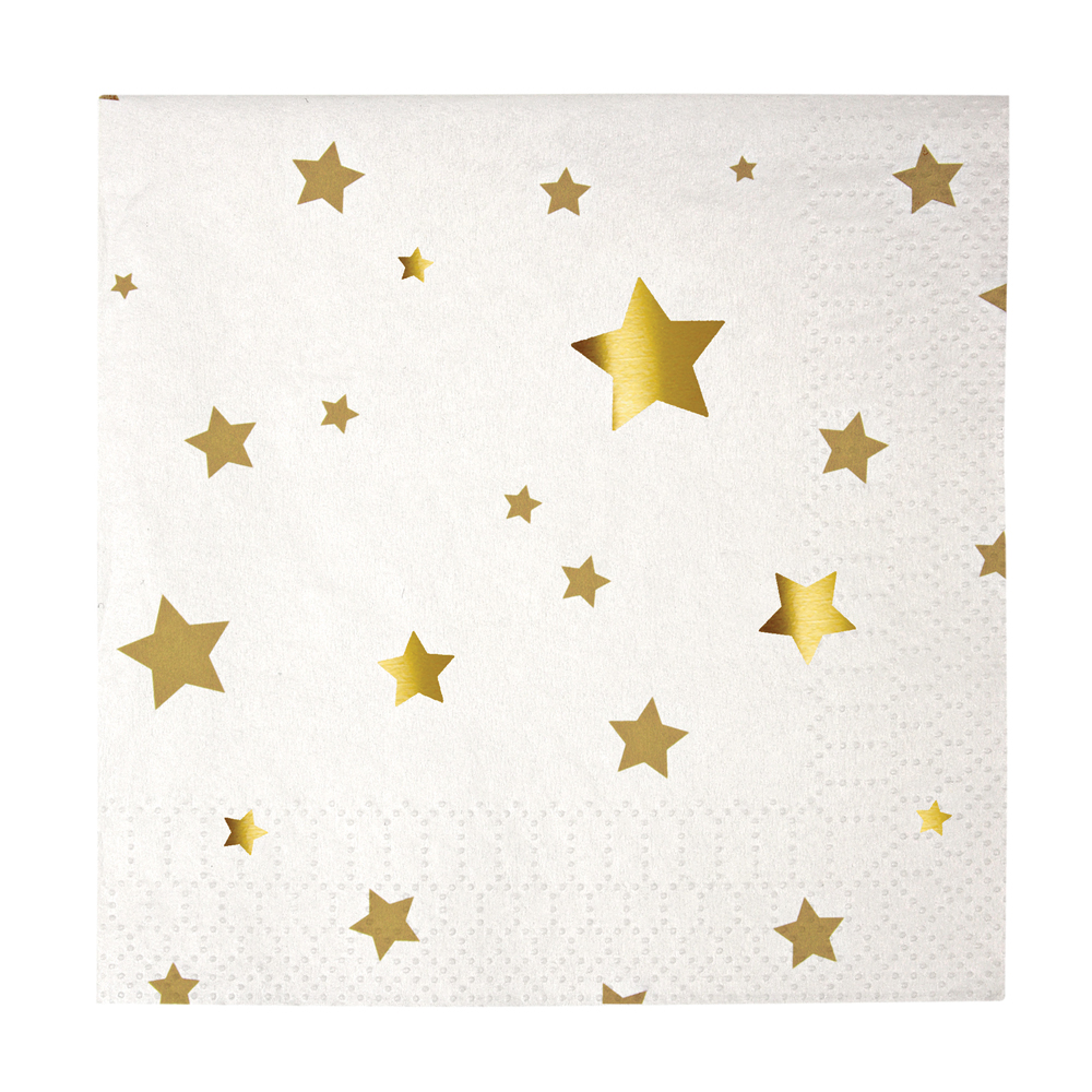 45-1257 Papierserviette, weiß, goldene Sterne, quadratisch, strukturiert.